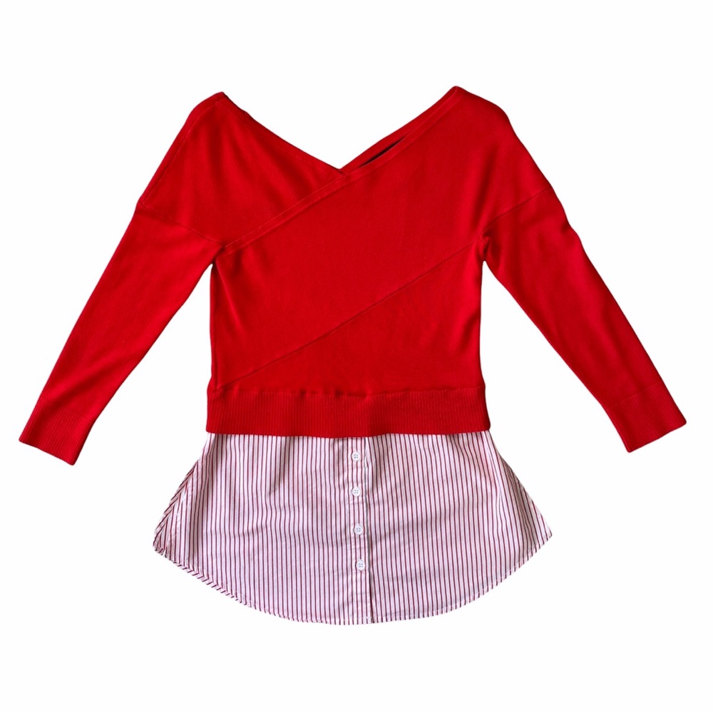 New York & Company Off Shoulder V-Neck Red Sweater with Pinstripe Hem XS